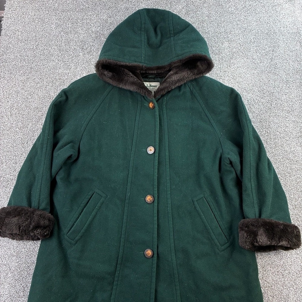 Vintage LL Bean Overcoat Women's Petite XL Green Faux Fur Wool Alpaca Blend